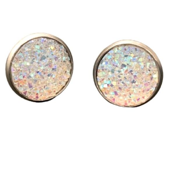Men’s Round White Iridescent Prism Faux Druzy Hip Hop Iced Out Stud Earrings NEW - Picture 4 of 10